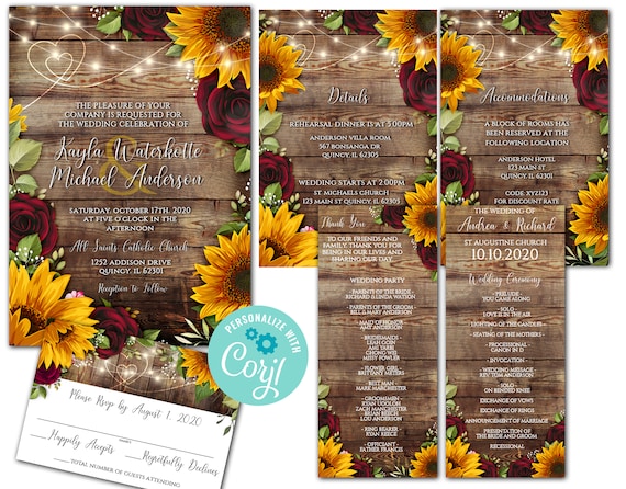 Sunflower and Burgundy Rose Wedding Products, Editabl corjl wedding invite files , 5 items for A rustic Wedding, Digital Invitation Package Il_570xn