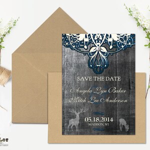 Encaje rústico Save the Date Country Chic Wedding Announcement Card Stag Deer Engagement Papelería Madera Arpillera rústica y encaje Imprimible