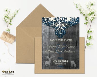 Rustic Lace Save the Date Country Chic Wedding Announcement Card Stag Deer Engagement Stationery Wood Rustic Burlap and Lace Printable