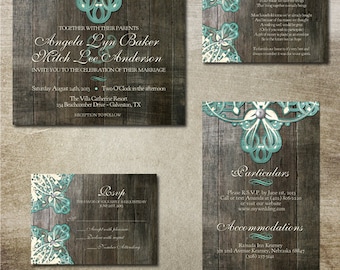 Rustic Lace Wedding Invitation RSVP Particulars and Wishing Well Stationery Digital Printables Burlap lace wood and vintage elements