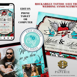 Rockabilly Wedding, Rockabilly Save the Date Cards, DIY Corjl Editable Cards, Rocker Wedding, Tattoo , Photo Save the Date Announcements image 5