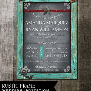 Rustic Frame Wedding Invitation Digital Printables.2 background Choices Rustic Turquoise Frame with metal flower embellishments. image 2