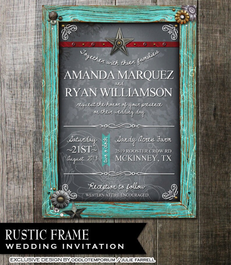 Rustic Frame Wedding Invitation Digital Printables.2 background Choices Rustic Turquoise Frame with metal flower embellishments. image 2