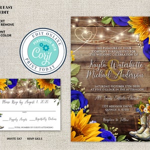 Wedding Invitation and RSVP Template, Rustic Wood with Sunflowers & Roses Invitation Suite, Cowboy Boots Editable Printable File, Corjl image 2