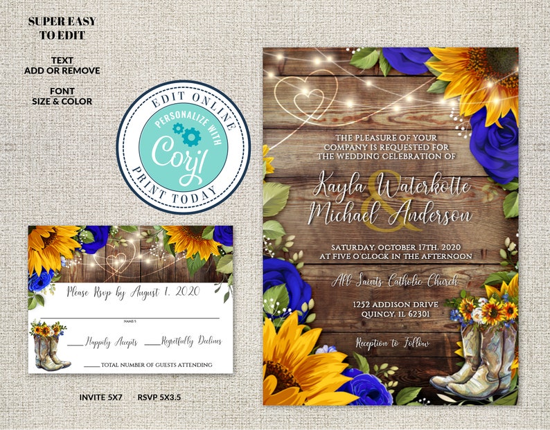 Wedding Invitation and RSVP Template, Rustic Wood with Sunflowers & Roses Invitation Suite, Cowboy Boots Editable Printable File, Corjl image 2
