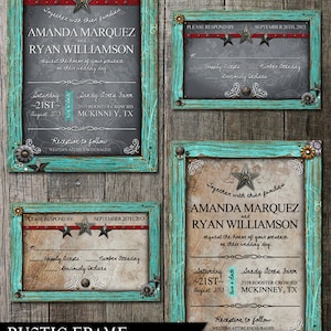 Rustic Frame Wedding Invitation Digital Printables.2 background Choices Rustic Turquoise Frame with metal flower embellishments. image 1