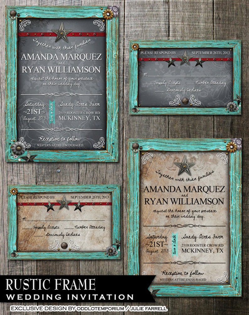 Rustic Frame Wedding Invitation Digital Printables.2 background Choices Rustic Turquoise Frame with metal flower embellishments. image 1