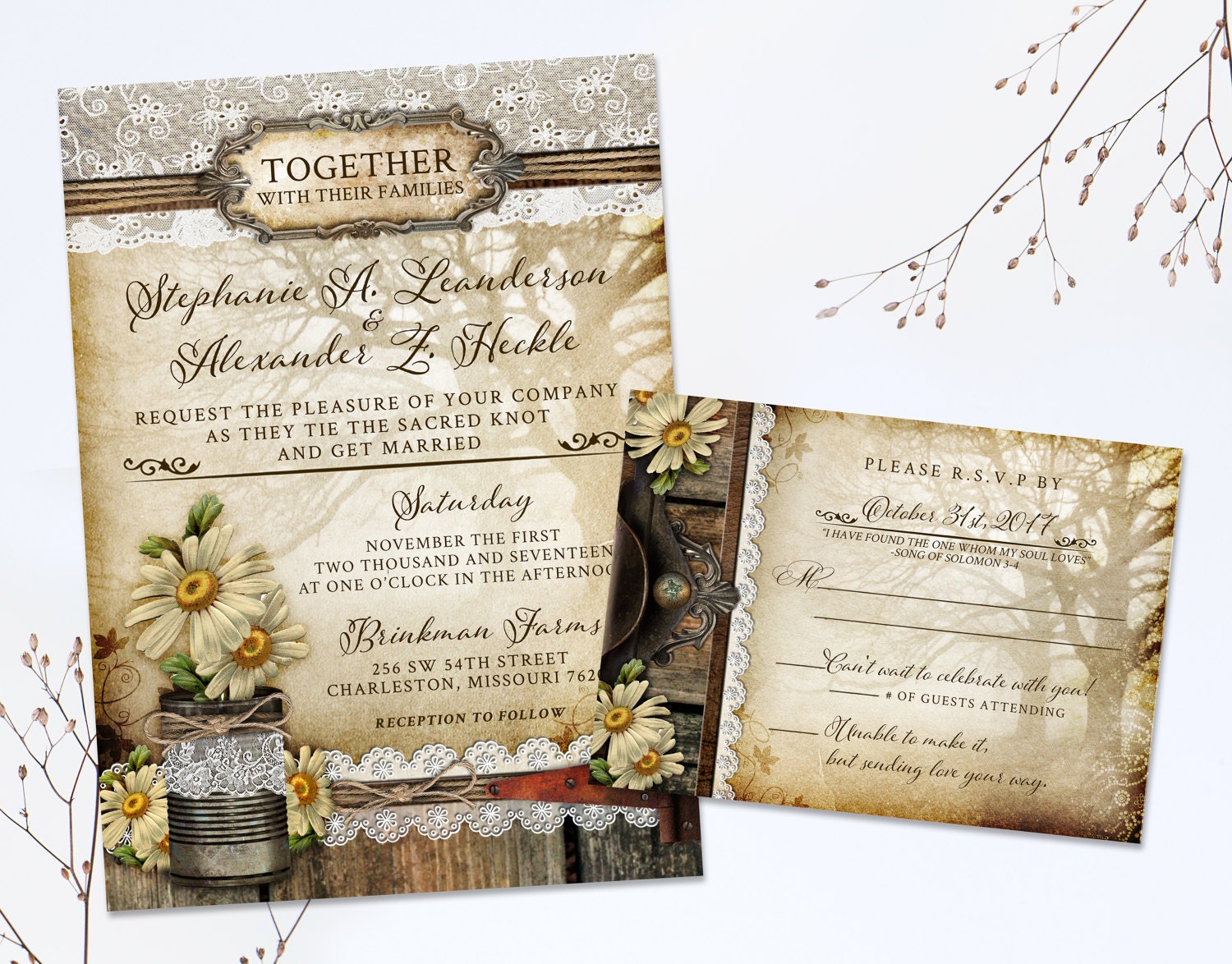 Rustic Daisy Wedding Invitation Suite: Country Chic Floral (DIY Printable)  - Etsy, image size:1500x1174