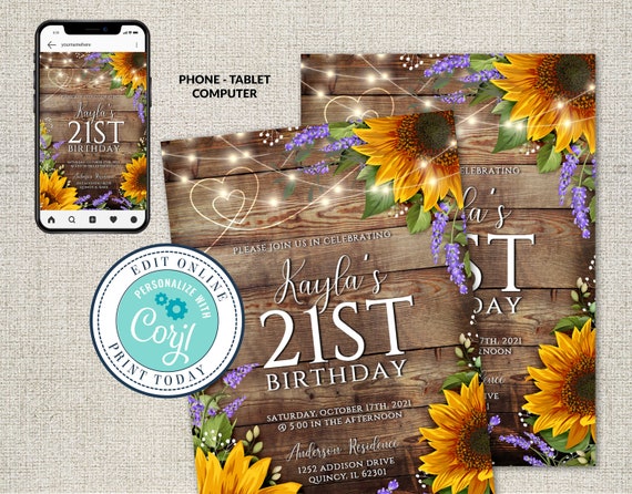 Sunflower and Lavender Birthday Invitation, Editable Birthday Party, Event Invitation , Digital, Spring Flowers, Corjl INSTANT DOWNLOAD, diY Il_570xn