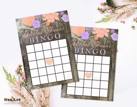 Rustic Floral Bridal Shower Bingo Game Printable Bingo Card Game 5x7 Fill in the blanks Peach and Lilac Color Party Game for Bridal Shower Il_570xn