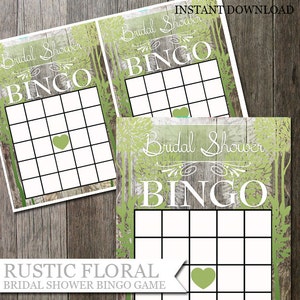 Juego de bingo ducha nupcial - árboles rústicos novia ducha juego Instant Download Sage Green Color Rustic Wedding