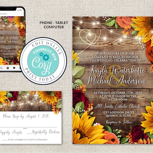 Invitación de boda y plantilla RSVP, Suite de invitación de girasoles de otoño y rosas de Borgoña, archivo imprimible editable, descarga instantánea, Corjl