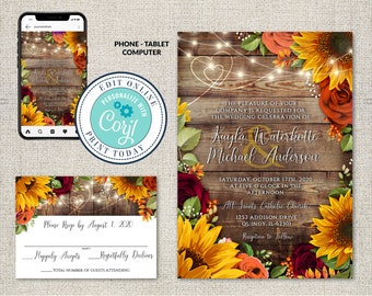 Fall Sunflower Wedding Invitation Template: Burgundy Roses (Instant Download)