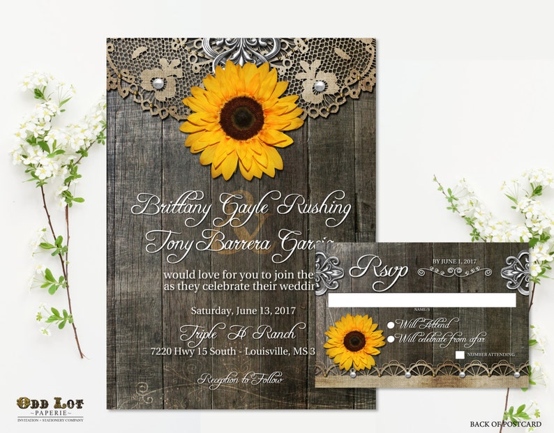 Sunflower Wedding Invitation Set Rustic Sunflower Country Wedding Invites Wood Grain Background Rustic Wedding Rustic Chic Printable Invite image 2