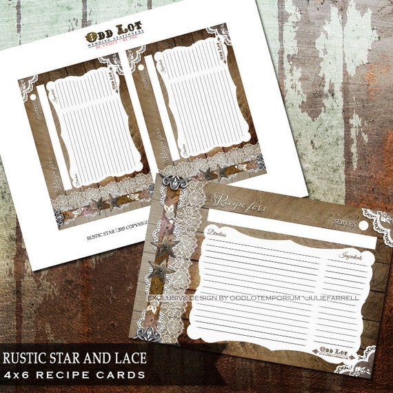 Rustic Lace and Metal Star Recipe Cards DIY Printable Rustic Recipe CardsTexas Star Country Rustic Party Favors Housewarming Il_570xn