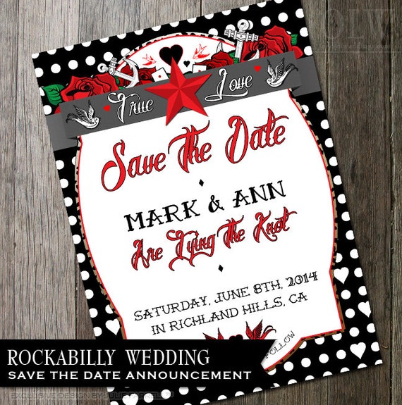 Rockabilly Polka Dot Save the Date Offbeat Wedding Announcement Tattoo Rocker Wedding Printable Red Roses Printable Wedding Nautical Star Il_570xn