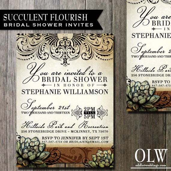 Succulent Bridal Shower Invitation Wedding Invitation - Digital File or Custom Printing - Rustic wiht fancy elements and Succulents Il_570xn