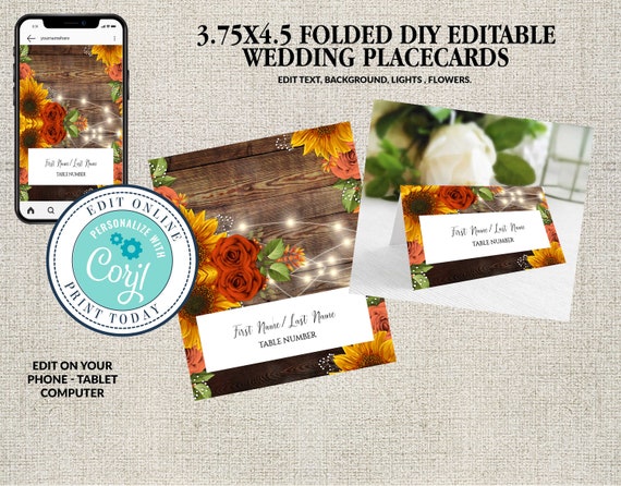 Wedding Place Card Template, Fall Sunflowers & Coral Roses, Table Card, Folded Name Card, Editable Printable File,Instant Download, Corjl Il_570xn