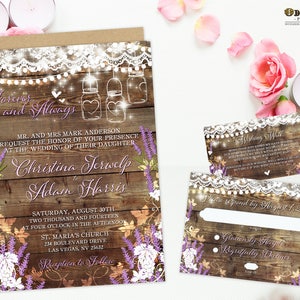 Lavender Rustikale Hochzeits-Einladung Vineyard Hochzeitsdruckset mit Spitze und Hängelichter Mason Jar Hochzeit Wein Themed Wedding DIY