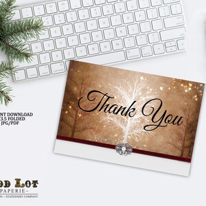 Printable Thank You Card, Tree Thank You Card Winter Wonderland Greeting Card in Brown with Faux band and embellishments Rustic image 4
