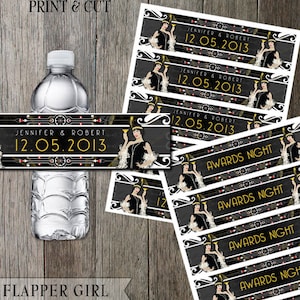 Roaring 20&#39;s Flapper Girl Water Bottle Printable Labels - Customizable text - gold and black- choose a style