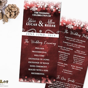 Winter Wedding Program Winter Wonderland Program Winter Snowflakes Wedding Program in Red Merlot DIY wedding card, Chalkboard Rustic Holiday