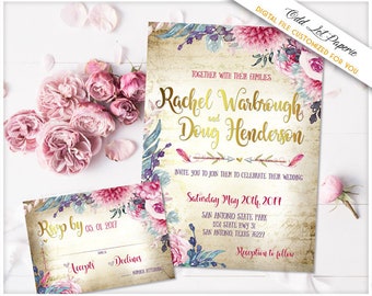 Bohemian Floral Wedding Invitation Watercolor Floral Invite Boho Chic Wedding Rustic Wedding Invite Vintage Paper Pink Flower with greenery