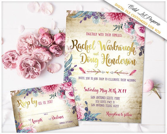 Bohemian Floral Wedding Invitation Watercolor Floral Invite Boho Chic Wedding Rustic Wedding Invite Vintage Paper Pink Flower with greenery Il_570xn