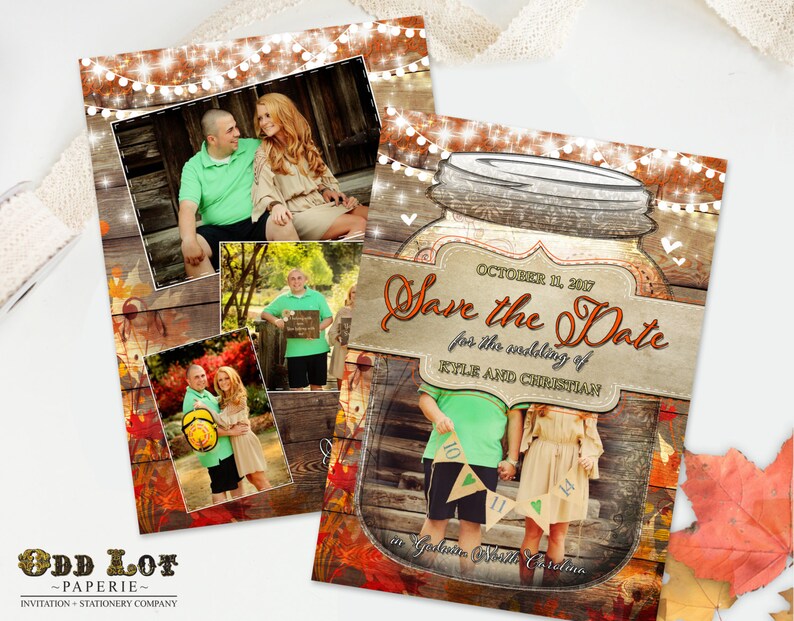 Rustic Fall Save the Date Card Printable Template Autumn Mason Jar Country Barn Wood Fall Leaves Wedding Save the Date DIY Photo Template image 1