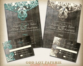 Rustic Lace Wedding Invitation, Digital Printables, Burlap, lace, wood and vintage elements for that rustic country wedding, Invite & RSVP