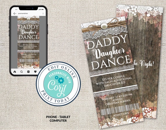 Daddy Daughter Dance Ticket Template, Printable Ticket Invite, Rustic Ticket Invite, Invitation Ticket INSTANT DOWNLOAD Father Daughter Il_570xn