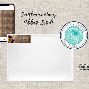 Printable Avery Address Label, Rustic Wood with Sunflowers & Navy Roses Address Labels, Editable Printable ,Instant Download, Corjl
