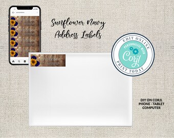 Printable Avery Address Label, Rustic Wood with Sunflowers & Navy Roses Address Labels, Editable Printable ,Instant Download, Corjl
