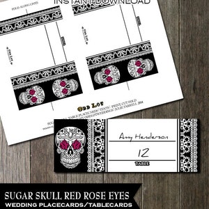 Segnaposto per matrimonio stampabili, teschio gotico e pizzo con garofani rosa fucsia piegati Biglietti per tenda matrimoni, compleanni e feste Fai da te insoliti