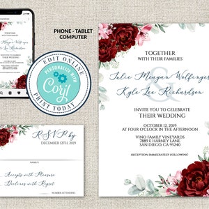Wedding Invitation and RSVP Template, Burgundy & Blush Wedding Invitation Suite, Editable Printable File,Instant Download, Corjl, Eucalyptus