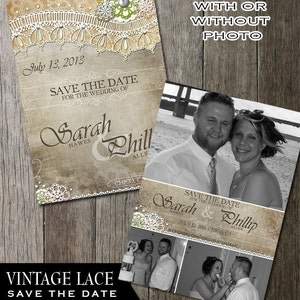 Save the Date Card, Floral Lace Wedding Save the Date, Rustic Save the Date, Printable  Invitation, Vintage Lace, Photo Collage, Printable