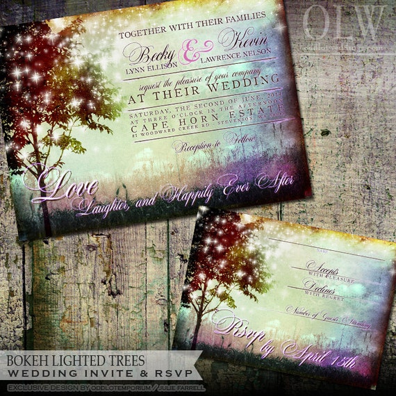 Scenic Trees Bokeh Lights Wedding Invitation and RSVP - Digital or Printed - Rustic wonderland wedding stationery Il_570xn
