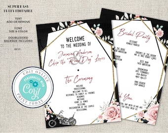 Wedding Program Template, Motorcycle and Flowers, Elegant Biker Wedding, Harley, Editable Printable File,Instant Download, Corjl, Offbeat