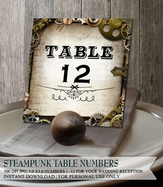 Steampunk Wedding Reception Table Numbers 1-12 jpg PDF Digital Printables Gears, Cogs, Faux Parchment Paper Il_570xn