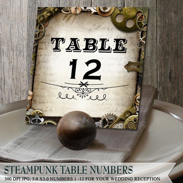 Steampunk Wedding Reception Table Numbers 1-12 jpg PDF Digital Printables Gears, Cogs, Faux Parchment Paper