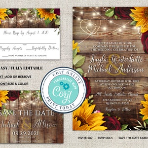 May include: Rustic wedding invitation with sunflowers and burgundy roses on a wood background. The text reads "The pleasure of your company is requested for the wedding celebration of Kayla Waterkotte & Michael Anderson" and includes the date, time, and location of the wedding.