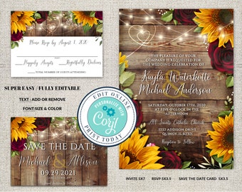 Rustic Sunflower Wedding Invitation Suite: Editable Template (Corjl File)