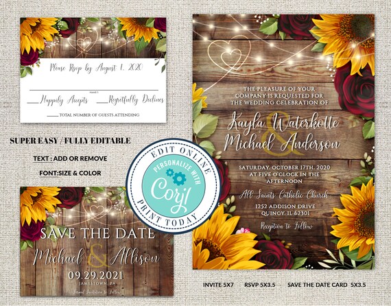 Set of 3, Wedding Invitation, RSVP and Save the Date Template, Rustic Wood with Sunflowers & Roses Invitation Suite, Editable Corjl File Il_570xn