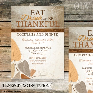 Thanksgiving Invitation - Invitation de fête de vacances - feuilles d’automne, mangent, boire et être reconnaissants