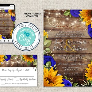 May include: Rustic wedding invitation with a wood background, sunflowers, blue roses, and string lights. The text reads "The pleasure of your company is requested for the wedding celebration of Kayla Waterkotte & Michael Anderson. Saturday, October 17th, 2020 at five o'clock in the afternoon. All Saints Catholic Church, 1252 Addison Drive, Quincy, IL 62301. Reception to follow."