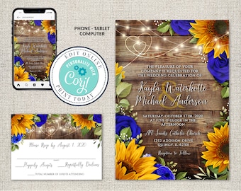 Wedding Invitation and RSVP Template, Rustic Wood with Sunflowers & Roses Invitation Suite, Editable Printable File,Instant Download, Corjl