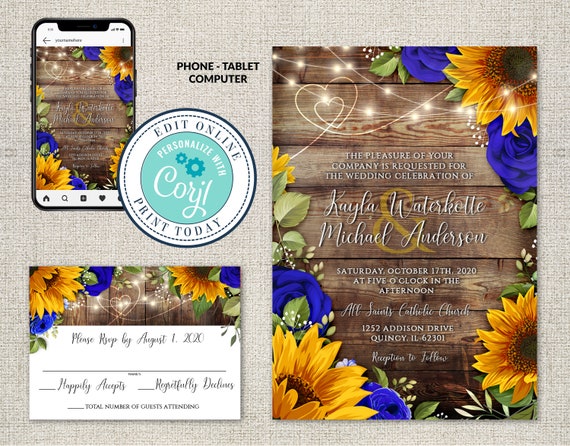 Wedding Invitation and RSVP Template, Rustic Wood with Sunflowers & Roses Invitation Suite, Editable Printable File,Instant Download, Corjl Il_570xn