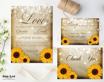 Rustic Sunflower Wedding Invitation and RSVP Yellow Sunflower Invitation Summer Wedding Fall Wedding DIY Printable Sunflower Wedding Set