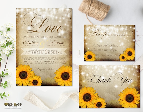 Rustic Sunflower Wedding Invitation and RSVP Yellow