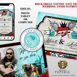 Rockabilly Wedding, Rockabilly Save the Date Cards, DIY Corjl Editable Cards, Rocker Wedding, Tattoo , Photo Save the Date Announcements image 1